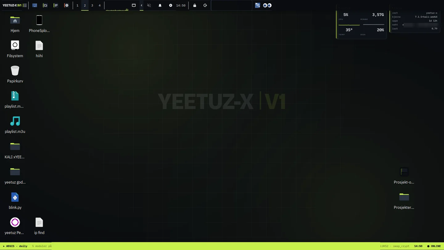 YEETUZ-X OS themed desktop with the YEETUZ-X V1 wallpaper, system and status widgets