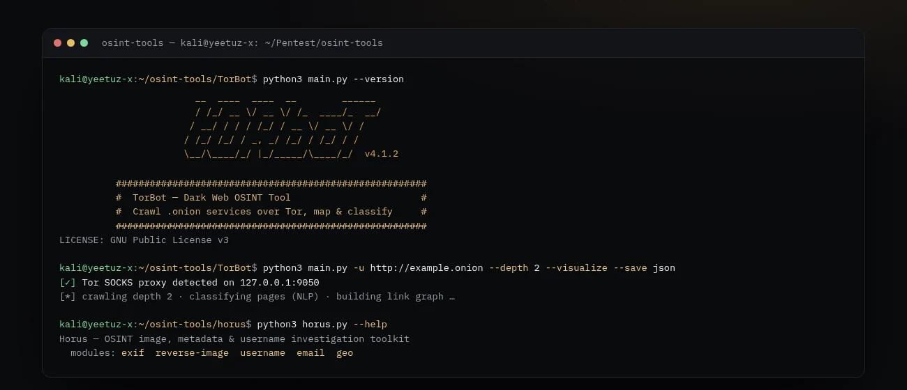 Themed terminal showing the TorBot dark-web OSINT banner and the horus toolkit modules